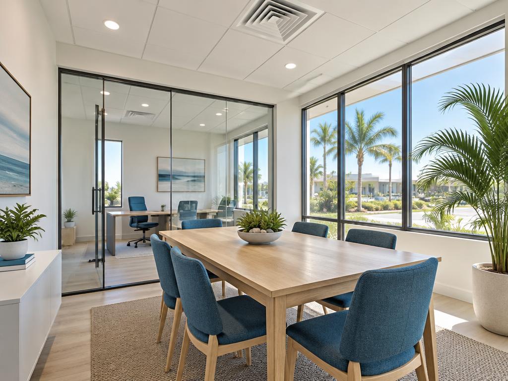 Small Florida office with ceiling air vents and daylight