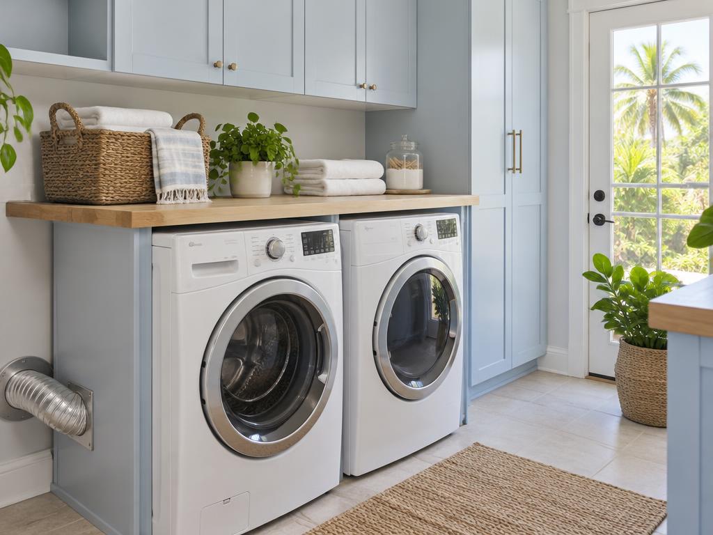 Bright laundry room with a visible dryer exhaust duct